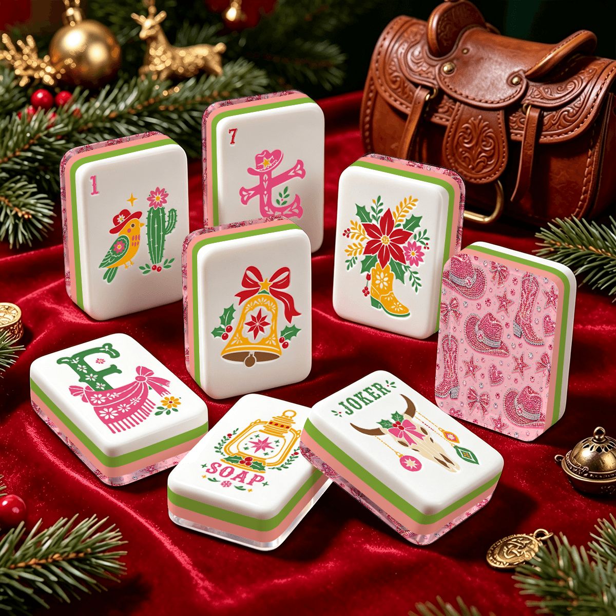 Pink Rhinestones And Bling Country Western Christmas Mahjong Tiles And Carry Case