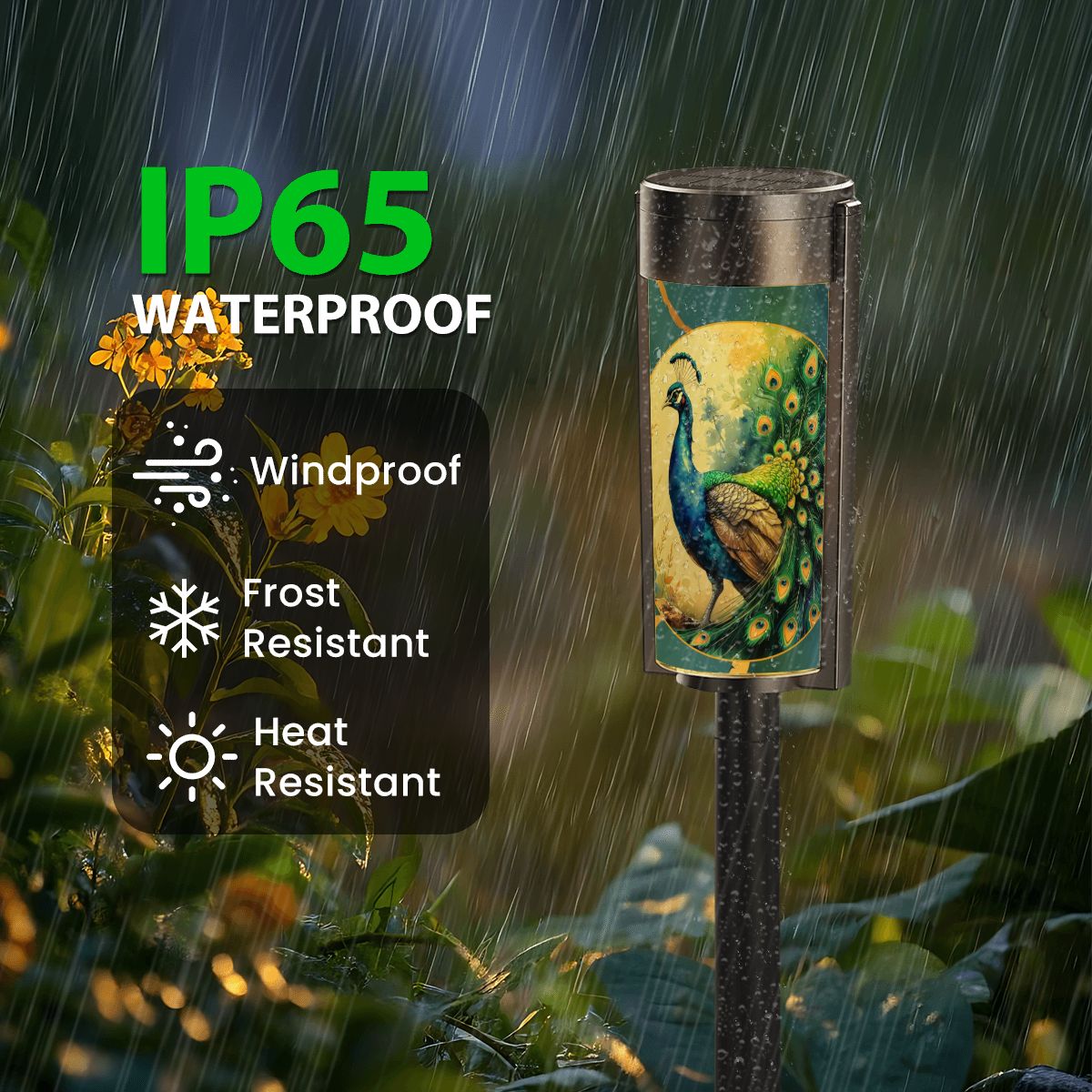 Peacock Watercolor Floral Asian Zen Garden Floral Outdoor Solar Lights
