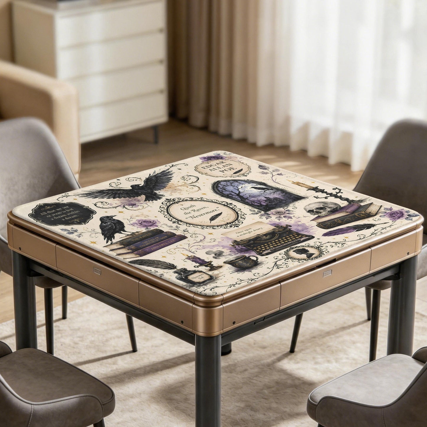 Poe Gothic Halloween Stitched-Edge Mahjong Table Mat 33" x 33"
