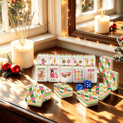 Harlequin Whimsy Preppy Pink Christmas Mahjong Tiles And Carry Case