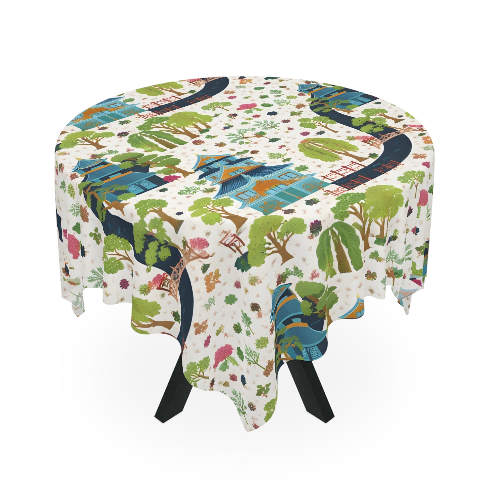 Chinoiserie Japanese Garden Mahjong Tablecloth — Pagoda & Cherry Blossom Scenic Print - Splash of Color Co.