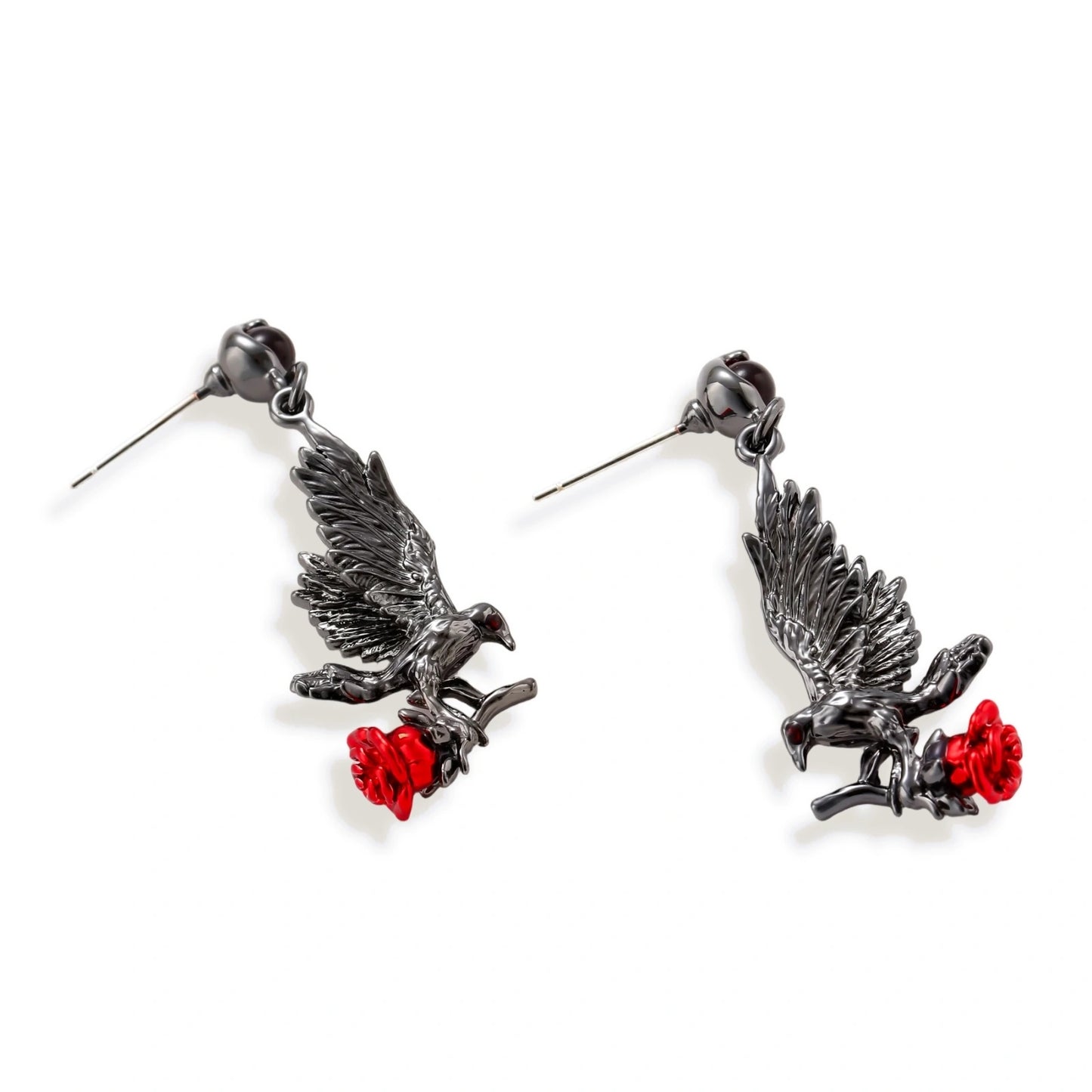 Dark gunmetal raven earrings with red rose details, featuring detailed bird wings and S925 silver posts on cream background.