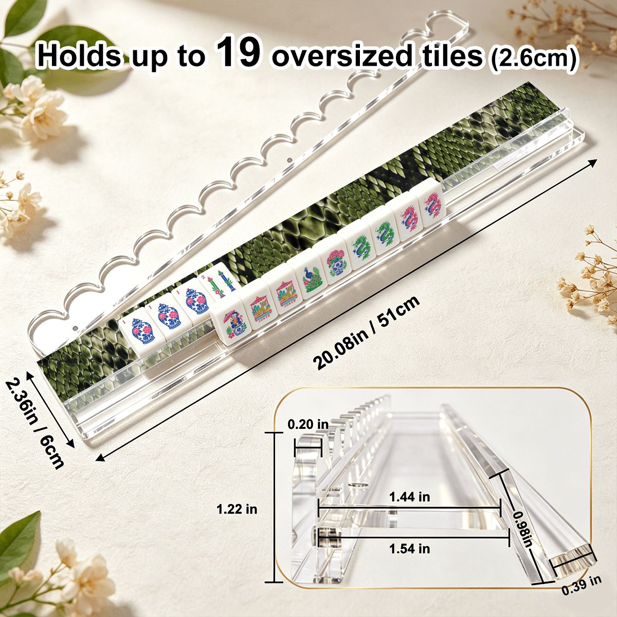 Green SnakeskinExtended Mahjong Rack Set of 4 Scalloped Magnetic Tile Pusher 20' - Splash Of Mahj And Color Co.