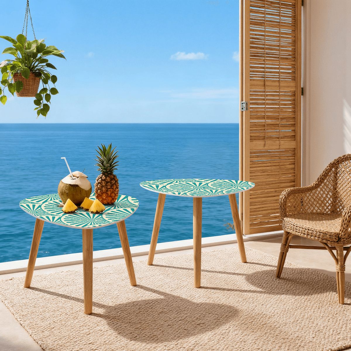 Art Deco Teal Blue Geometric Fan Designed Modern NestingTriangle Coffee Table Set of 2 - Splash of Color Co.