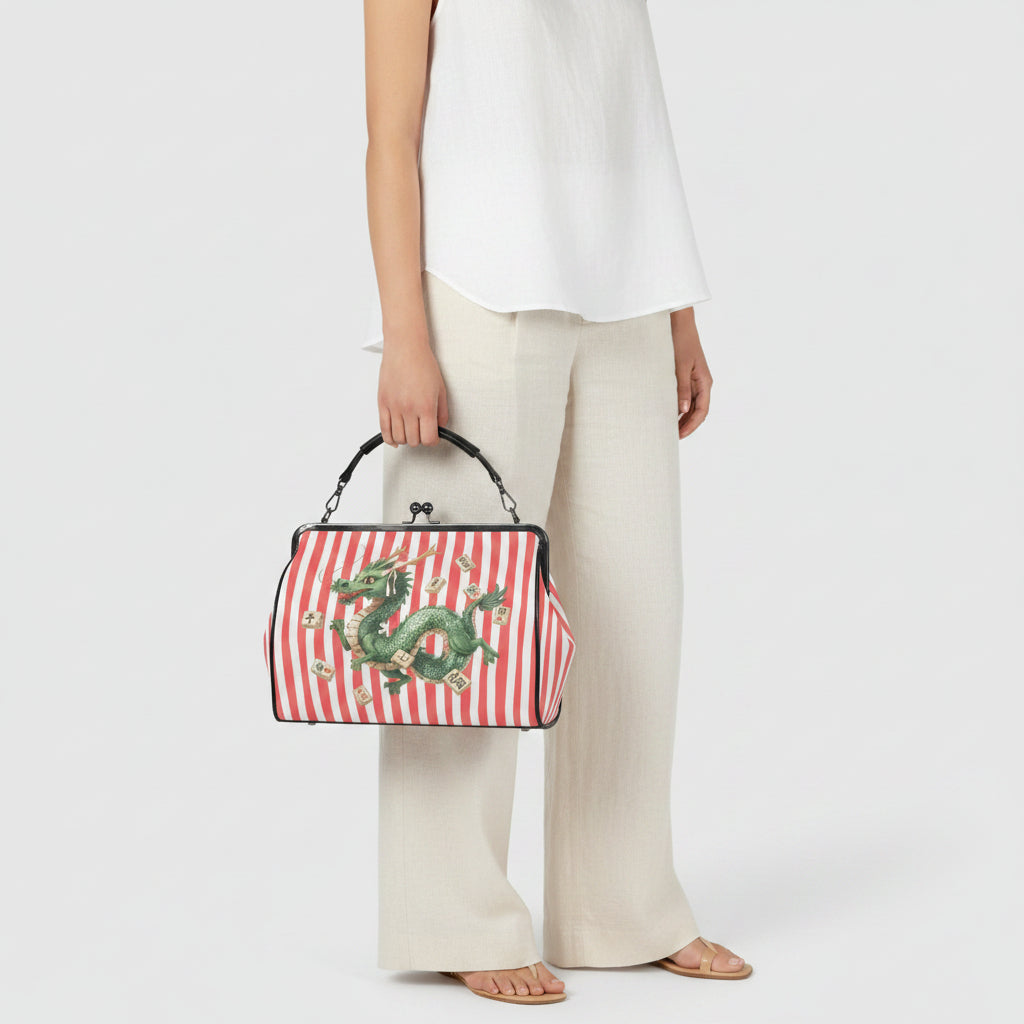 Preppy Coral Striped Green Dragon Kisslock Handbag, Shoulder Bag