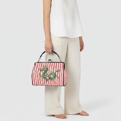 Preppy Coral Striped Green Dragon Kisslock Handbag, Shoulder Bag