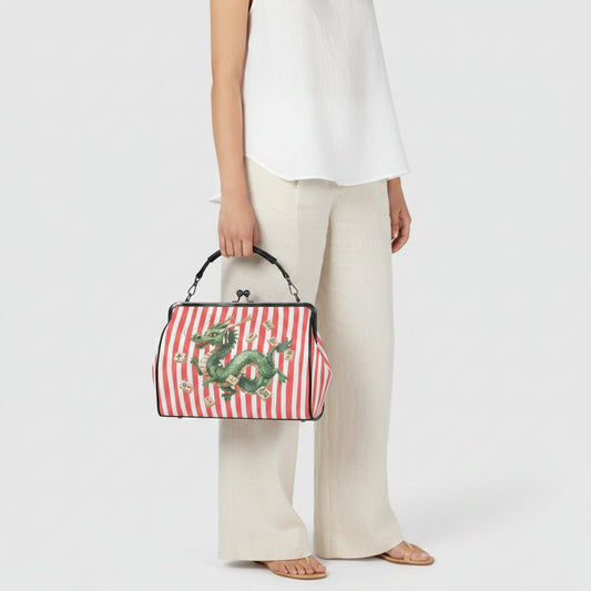 Preppy Coral Striped Green Dragon Kisslock Handbag, Shoulder Bag - Splash Of Mahj And Color Co.