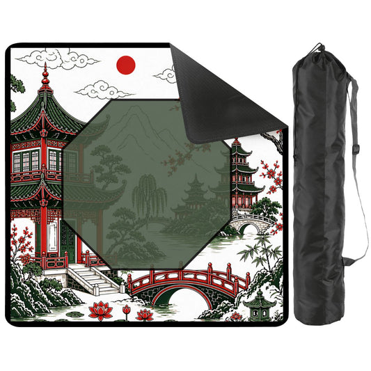 Asian Chinoiserie Pagoda Black, Red Green Mahjong Mat - Splash of Color Co.