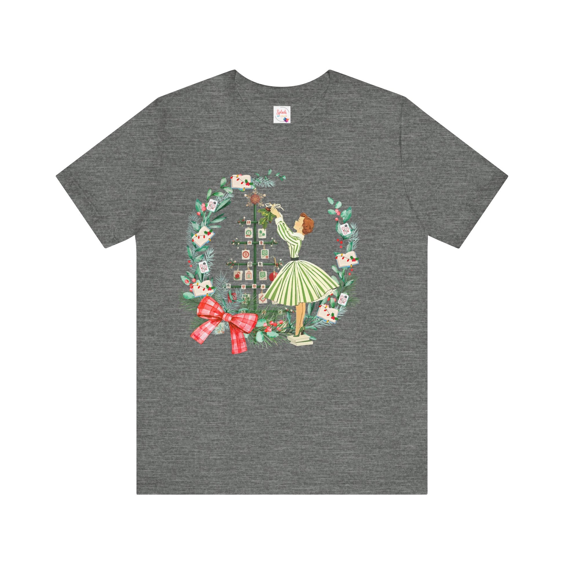 Mahjong Christmas Tee,Vintage Girl, Book Lover, Festive Mahj Gift - Splash of Color Co.