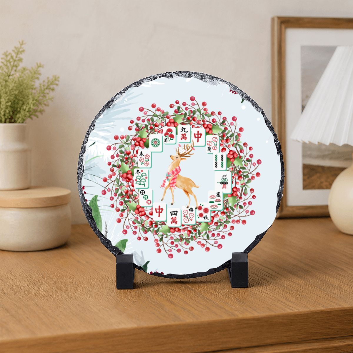 Christmas Dancing Prancing Mahjong Reindeer Round Photo Rock Slate Frame