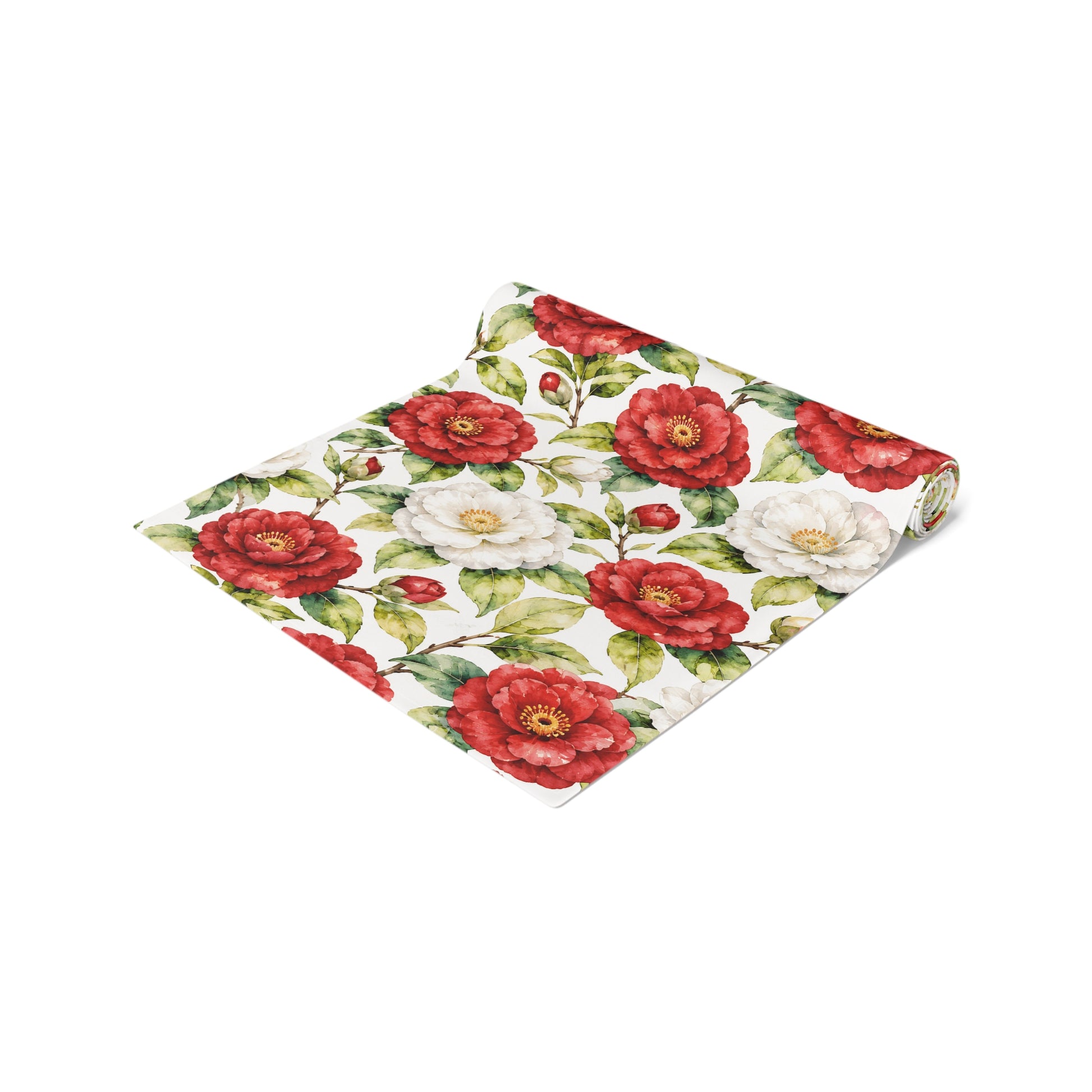 Red & White Camellia Floral Table Runner — Decorative Cotton - Poly Dining Accent - Splash Of Mahj And Color Co.