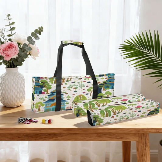 Chinoiserie Asian Garden Pagodas Mahjong Bag Set With Tile And Rack Holder - Splash of Color Co.
