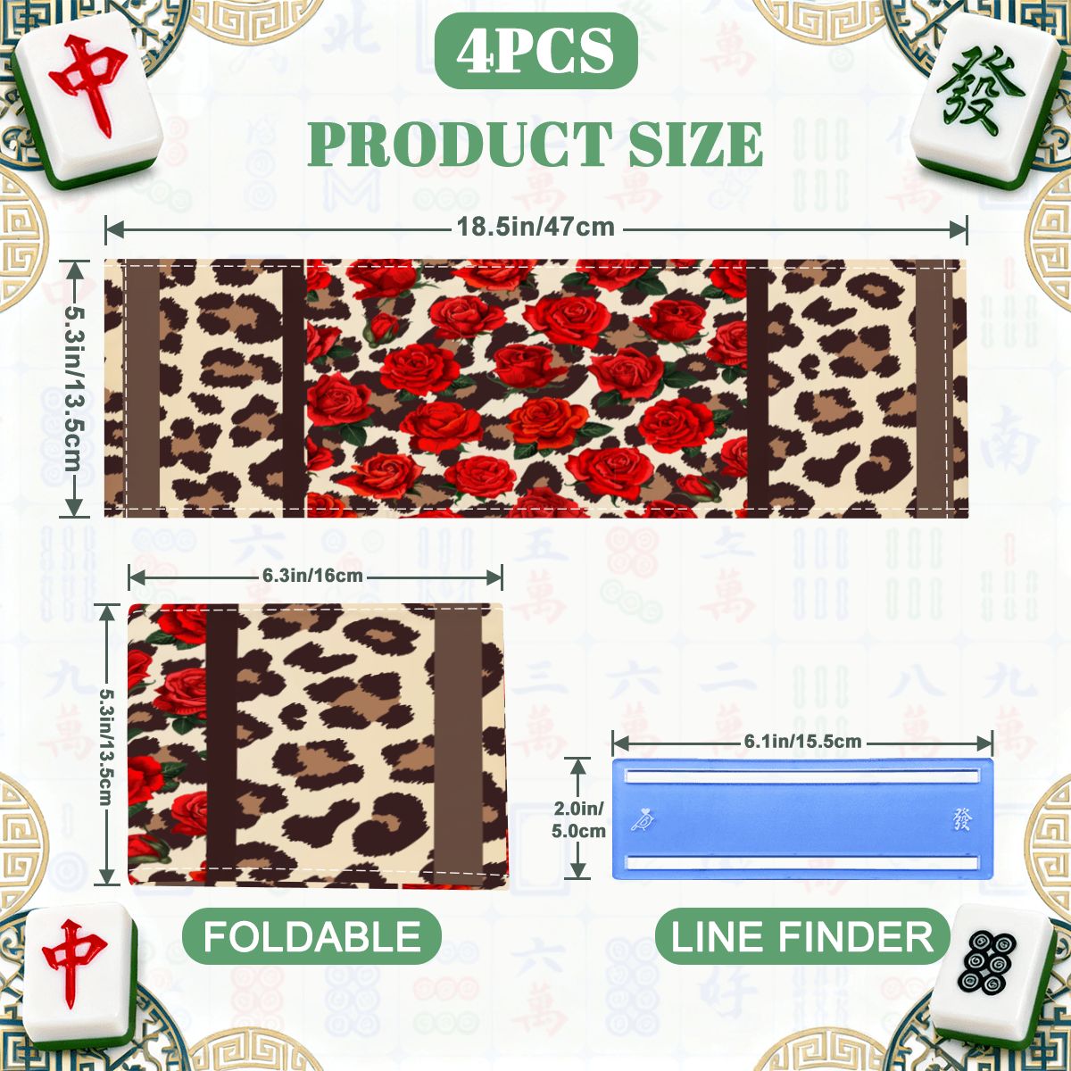 Leopard And Rose Designed 4 Mahjong Card Holder with Line Finder