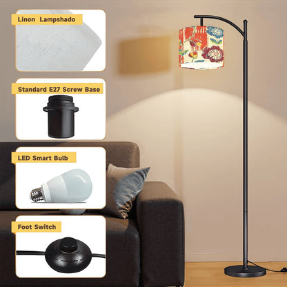 Boho Floral Heritage Modern Arc Floor Lamp, In Coral Blue And Green