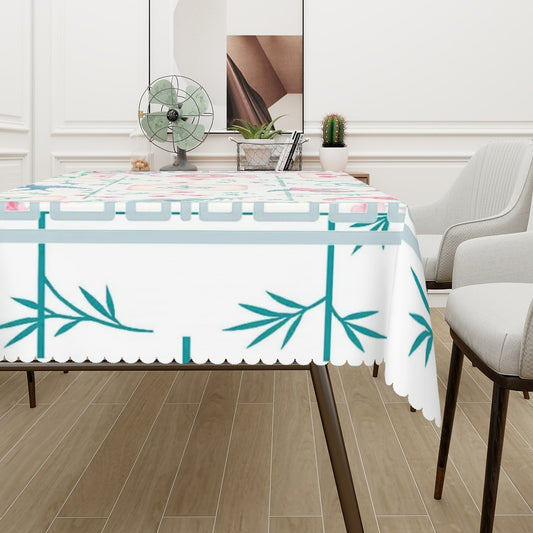 Mahjong Watercolor Tile Mahj Hosting Rectangular Table Cloth with Wavy Edge