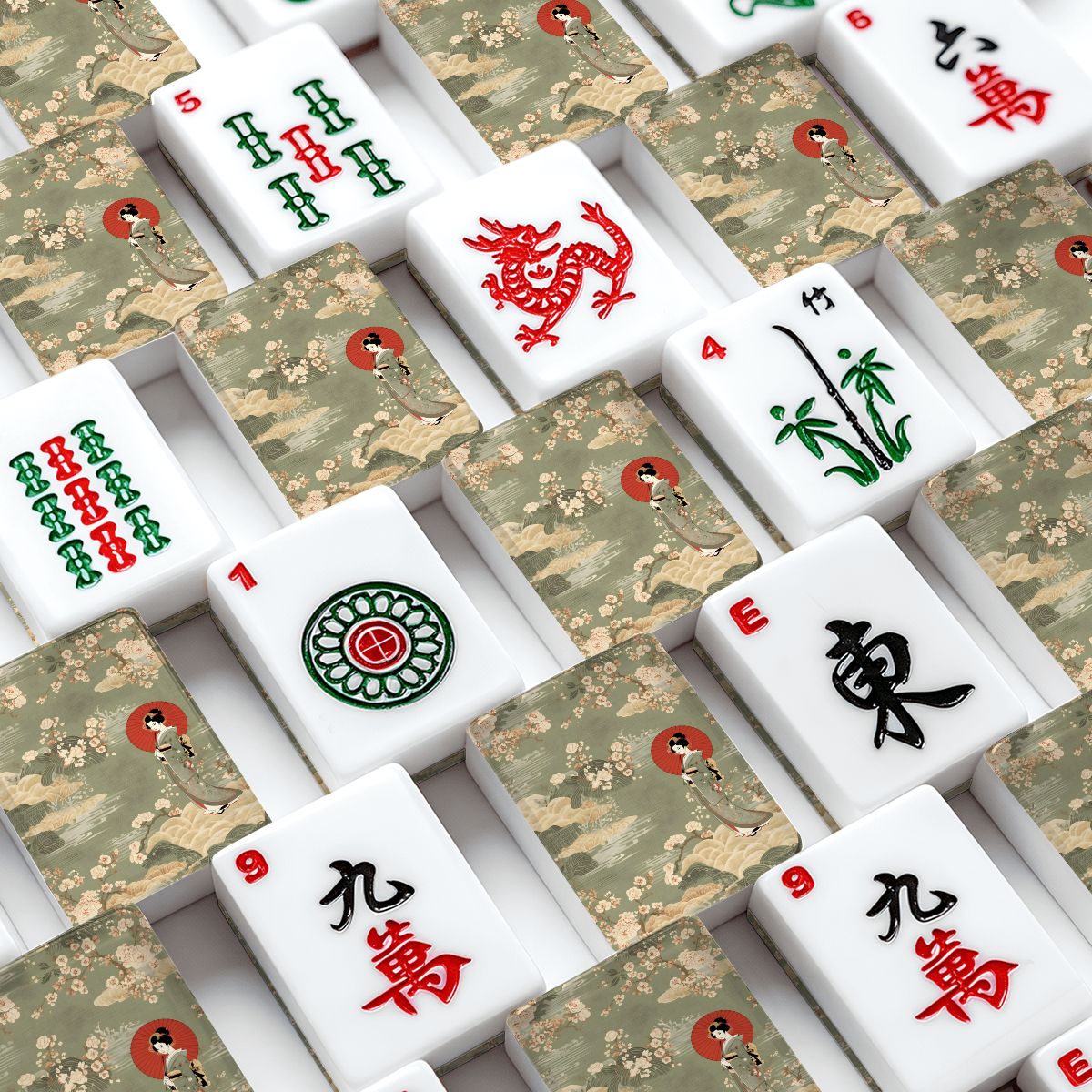 Geisha Girl Asian American Mahjong Tiles And Bag Set - Splash of Color Co.