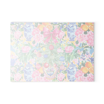Christmas Chinoiserie Floral Festive Floral Glass Cutting Board - Holiday Kitchen Decor - Splash of Color Co.