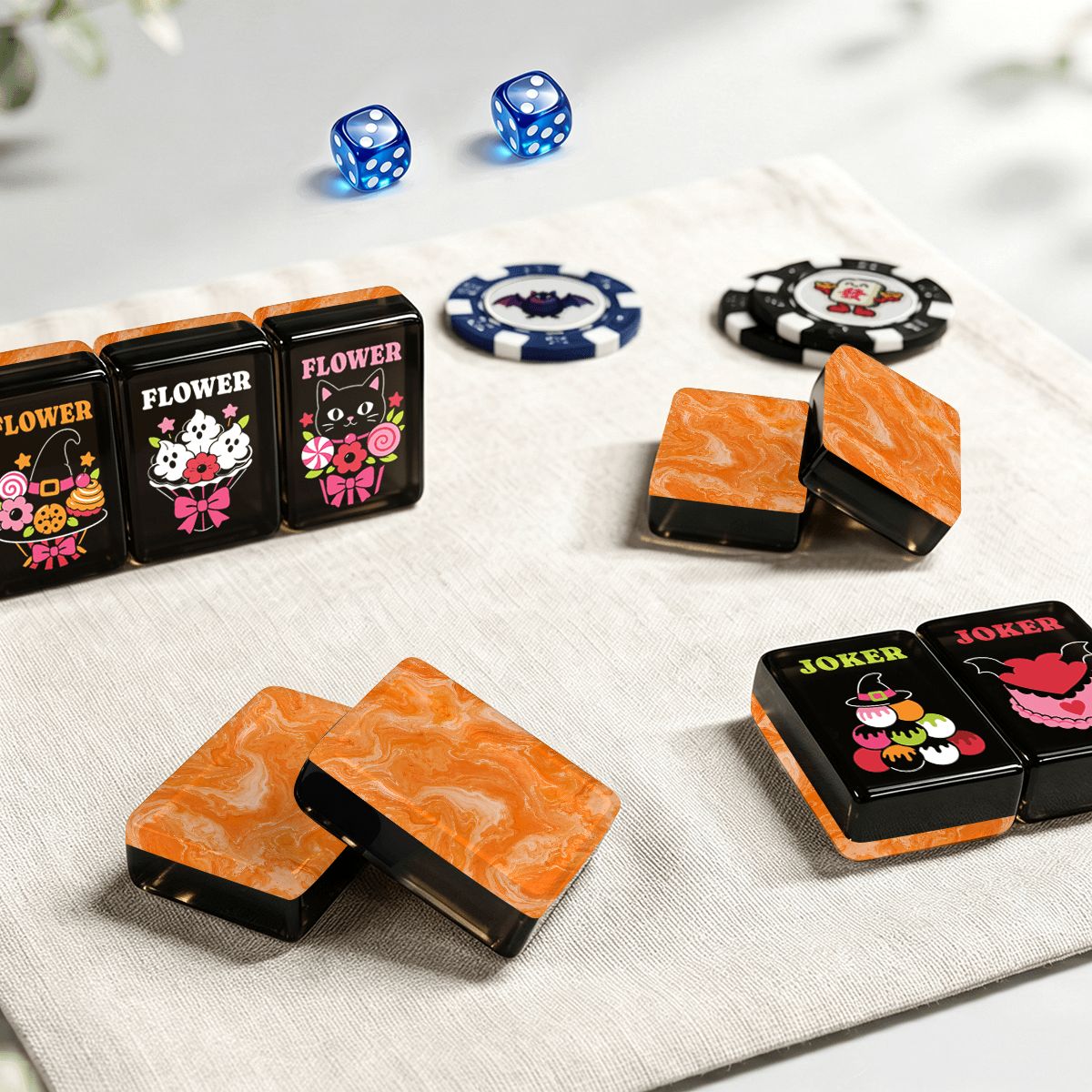 Orange Marbled Gothic Dessert Engraved Halloween Mahjong Tiles And Carry Case - Splash Of Mahj And Color Co.