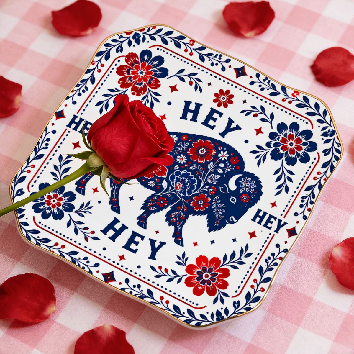 Hey Hey Hey Buffalo Football Fan Scalloped Ceramic Mahjong Dice Tray