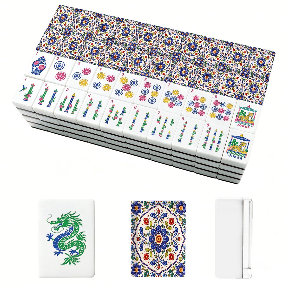 Blue Pottery Porcelain Engraved Chinoiserie Mahjong Tiles And Carry Case