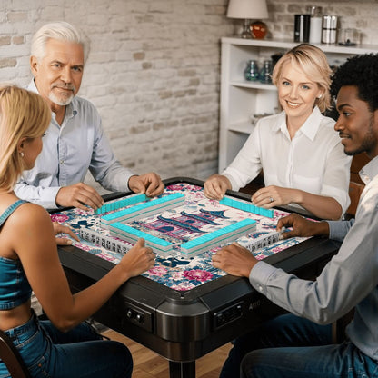 Playful Pandas And Dragon Chinoiserie Pagoda Mahjong Mat Blue And Mauve - Splash Of Mahj And Color Co.