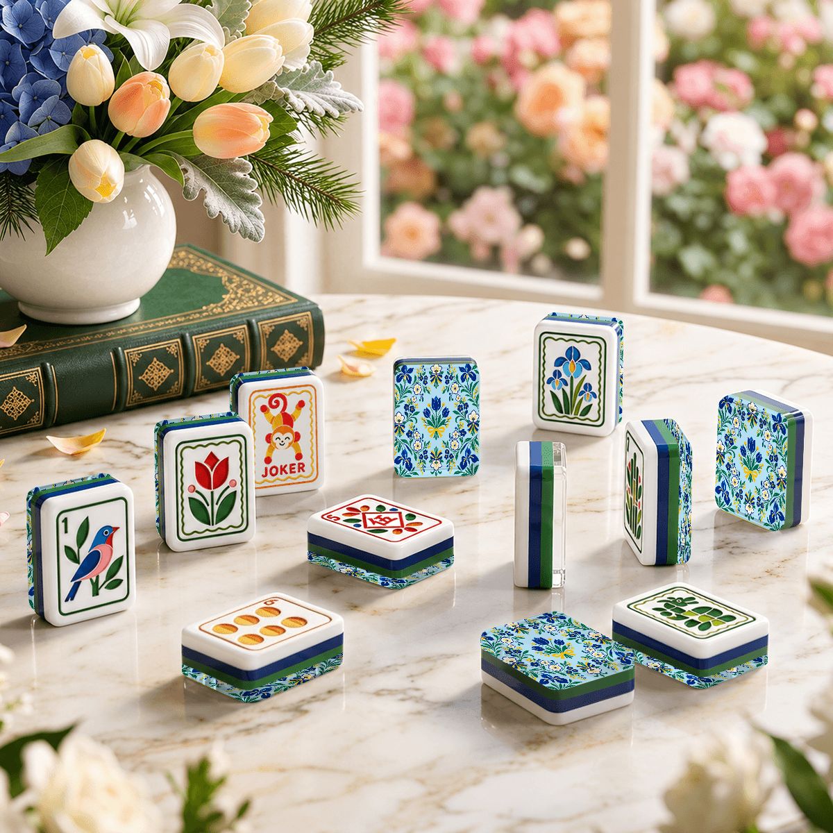 Garden Bell Scandinavian Modern Folk American Mahjong Tiles  4 Layer And Carry Case