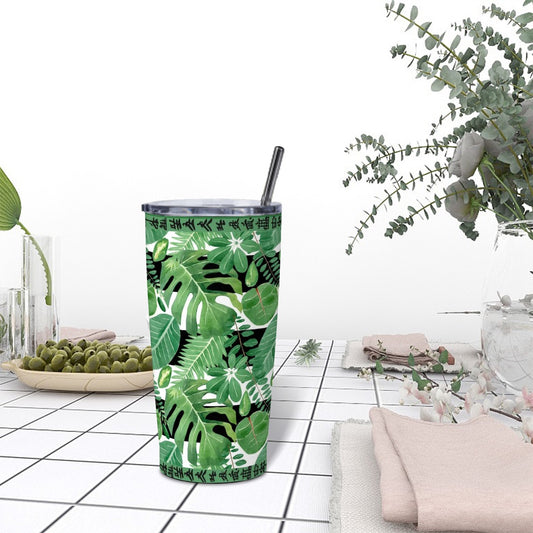 Mahjong Tropical Monstera Green Black Stainless Steel Insulated Tumblers with Lid & Straw
