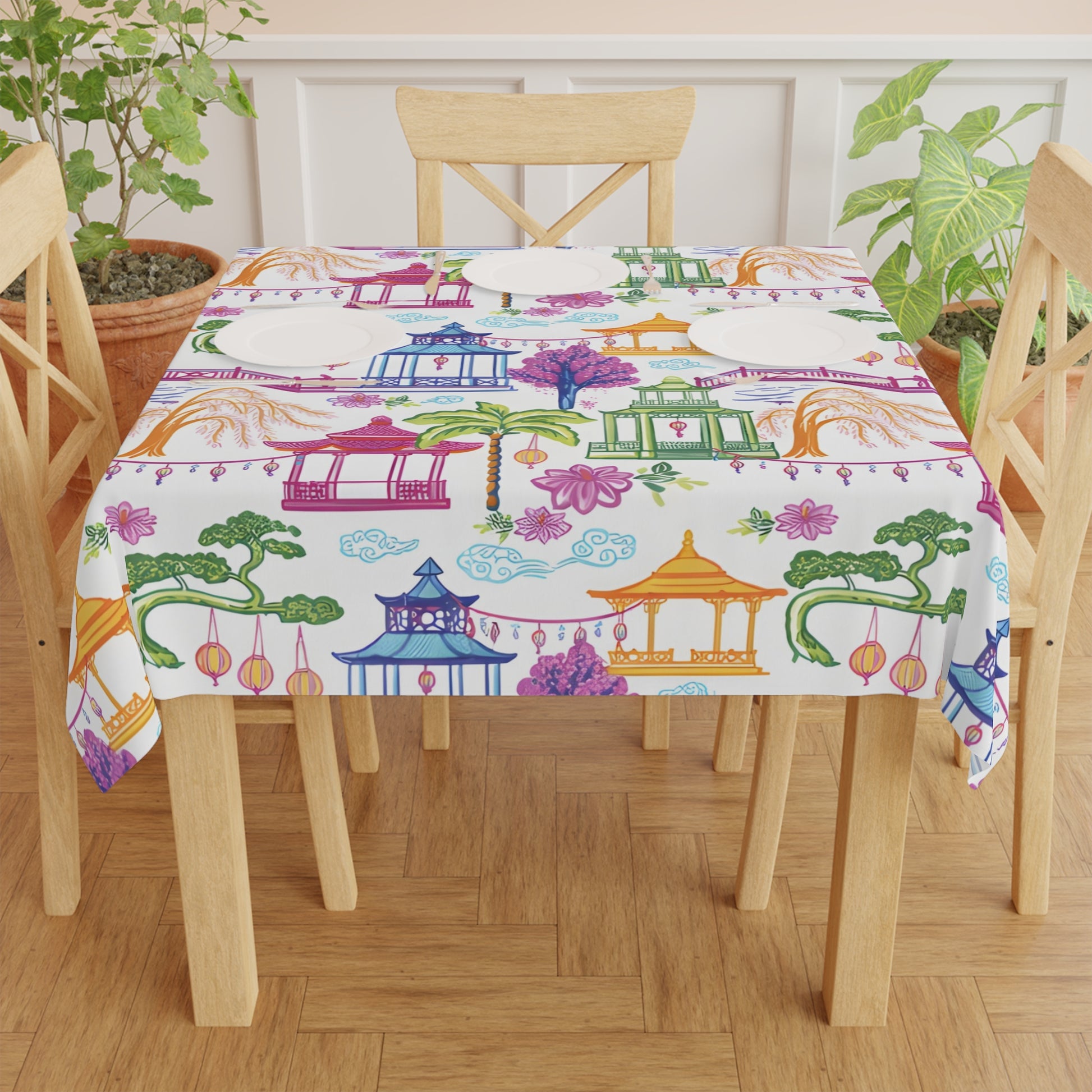 Chinoiserie Pagoda Mahjong Tablecloth – Asian Garden Pattern Decorative Table Cover - Splash of Color Co.