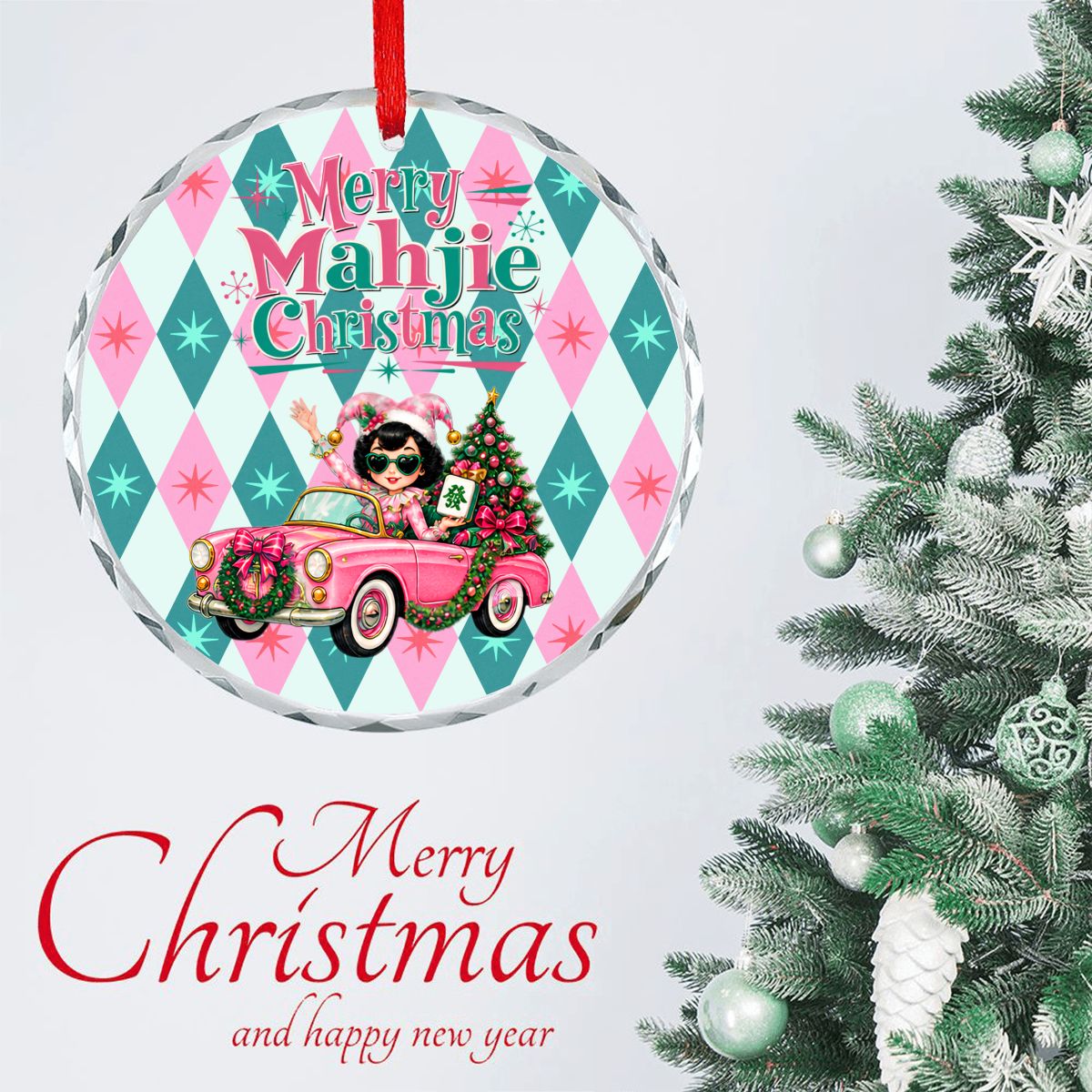 Merry Mahjie Christmas Pink And Teal Harlequin Round Glass Christmas Ornament