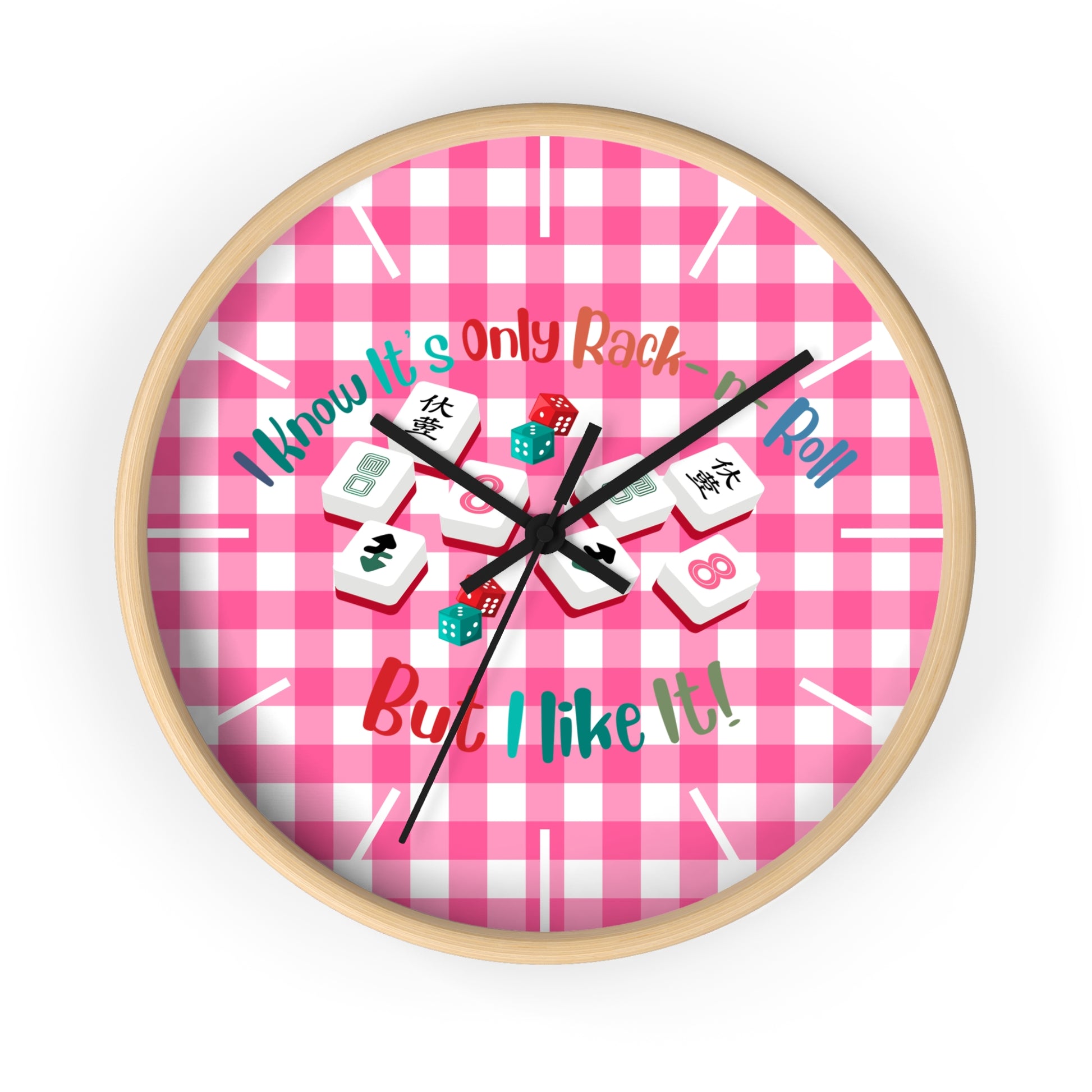 Mahjong Dice Wall Clock — "I Know It’s Only Rack ‘n’ Roll But I Like It" Pink Plaid - Splash of Color Co.