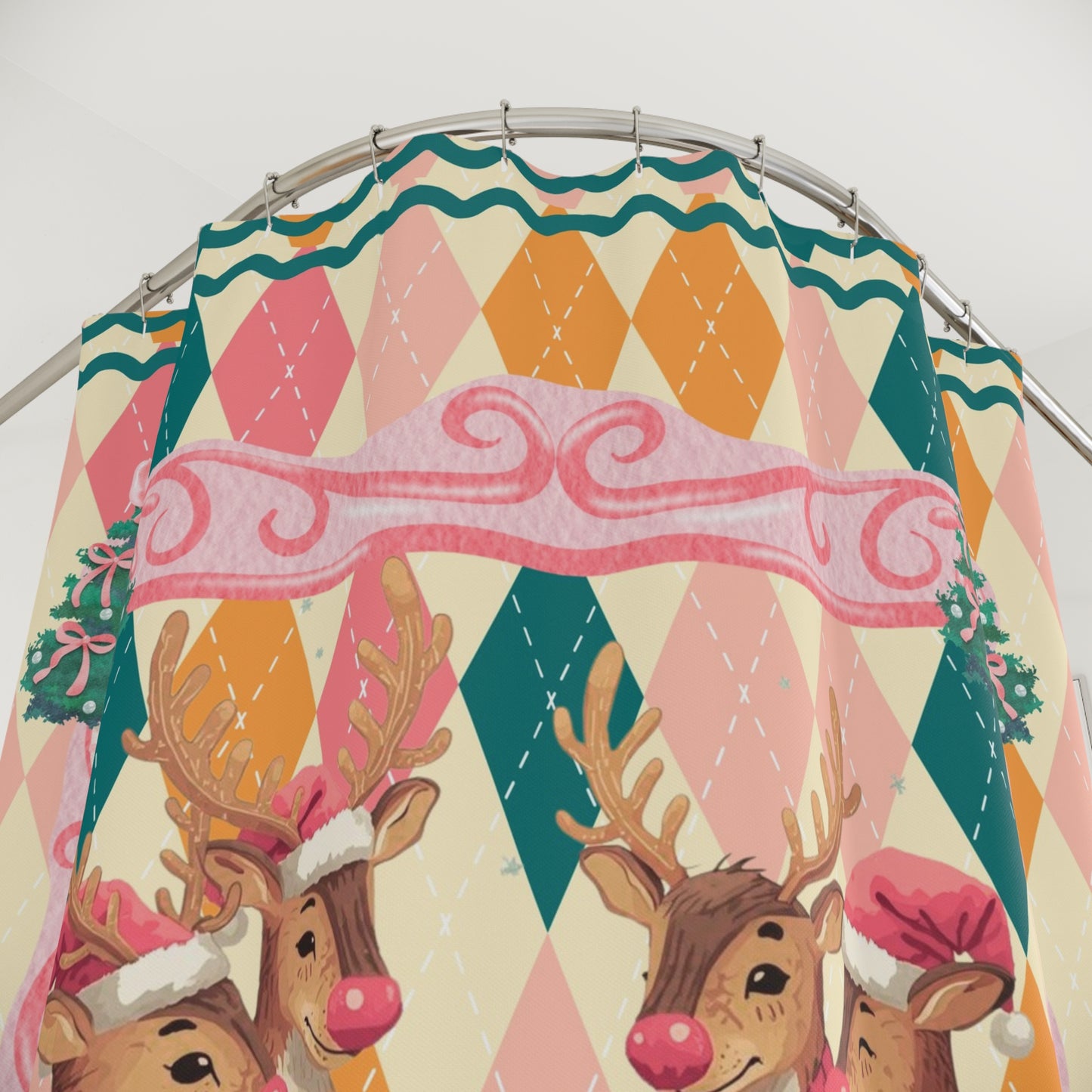 Mahjong Christmas Reindeer Shower Curtain, Festive Preppy Pastel Argyle Pattern