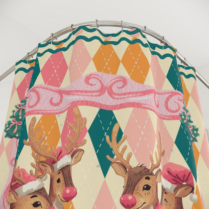 Mahjong Christmas Reindeer Shower Curtain, Festive Preppy Pastel Argyle Pattern