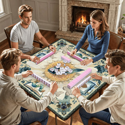 Once Upon A Mahjong Ink And Ivory Faux Embroidered Book Worm Mahjong Mat - Splash of Color Co.