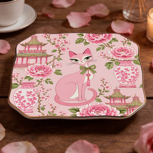 Pink Peony Pagoda Purr Scalloped Ceramic Mahjong Dice Tray - Splash Of Mahj And Color Co.