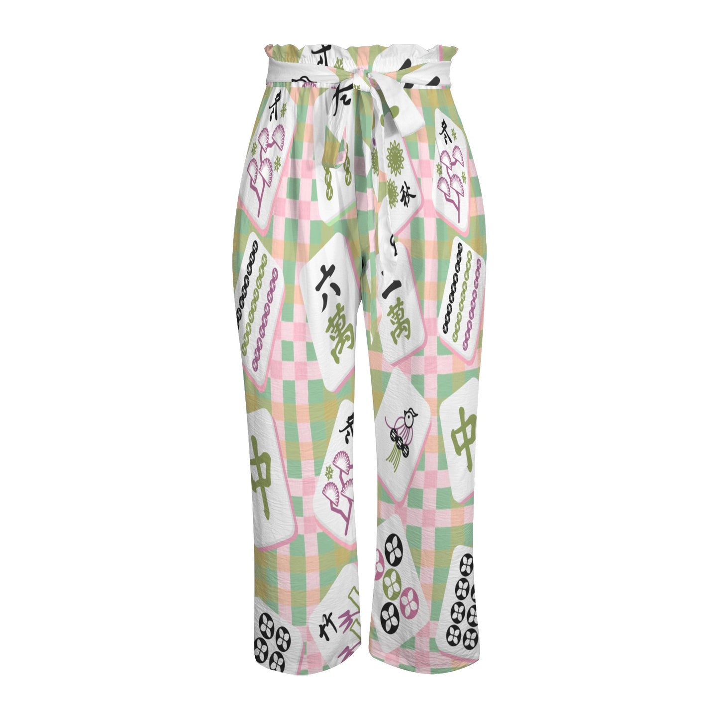 Preppy Trendy Mahjong Pants With Belt, Pink Green Striped And Mahj Tile Print - Splash of Color Co.