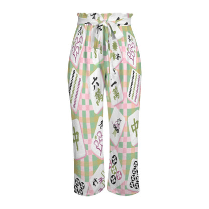 Preppy Trendy Mahjong Pants With Belt, Pink Green Striped And Mahj Tile Print - Splash of Color Co.