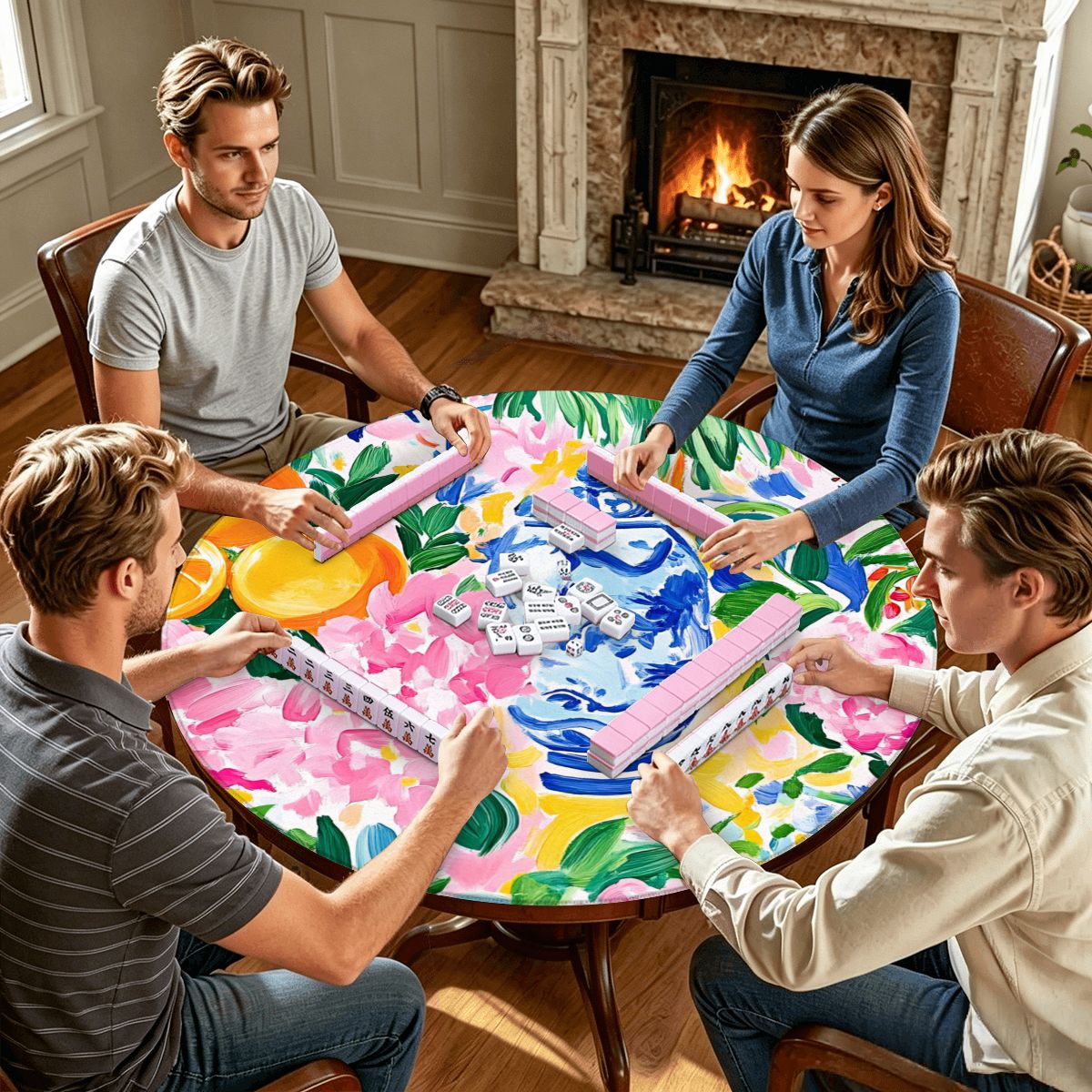 Floral Asian Citrus Sunny Chinoiserie Round Mahjong Mat