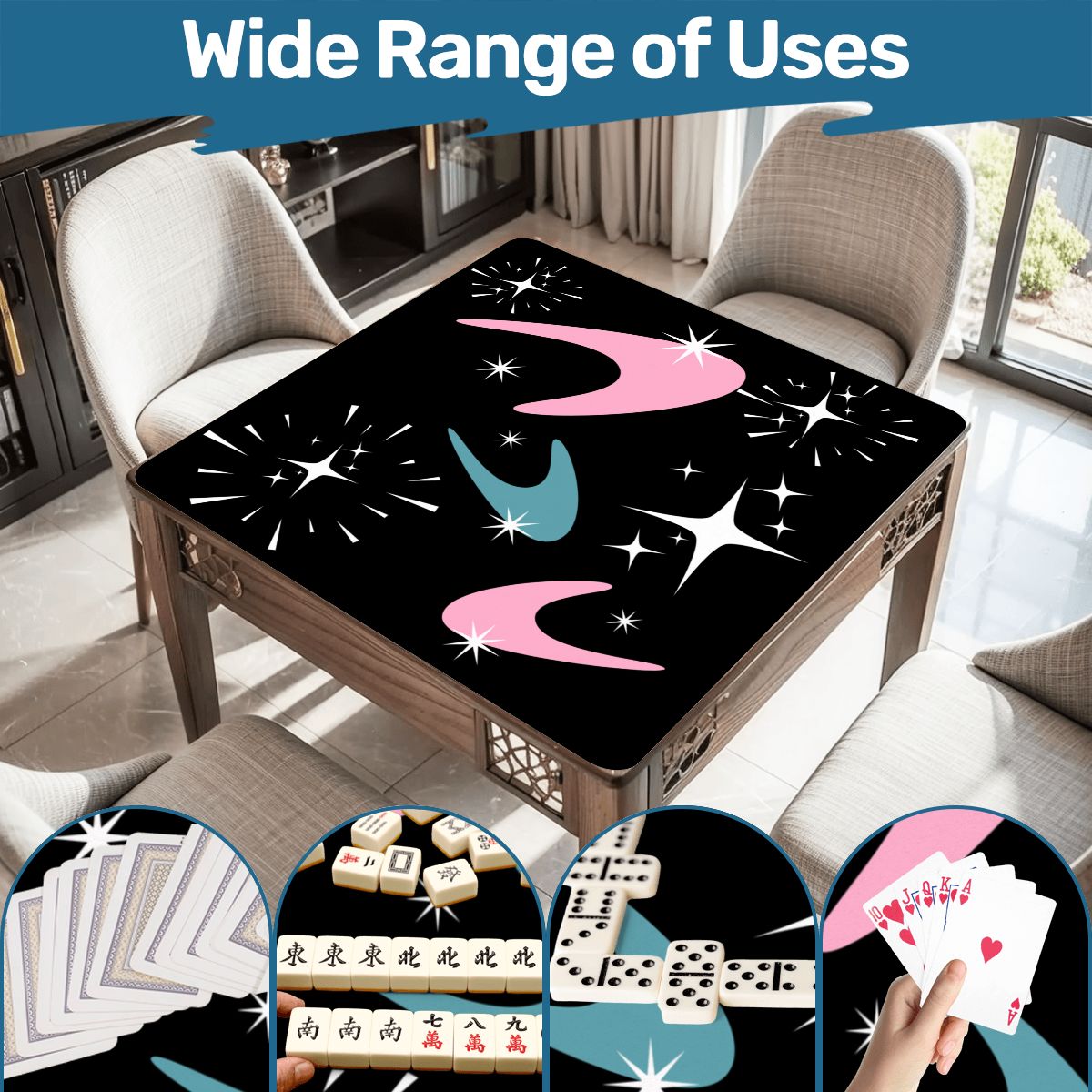 Sky Rockets In Flight, Black Modern Mahjong Mat - Splash of Color Co.