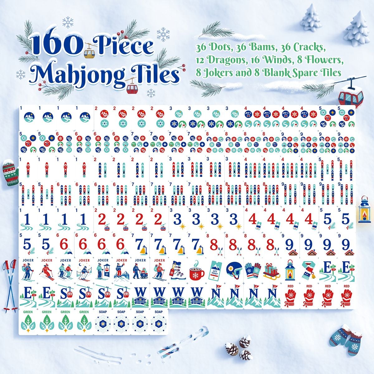 Winter Blues Alpine Slopes ENGRAVED Christmas Mahjong Tiles And Carry Case - Splash Of Mahj And Color Co.