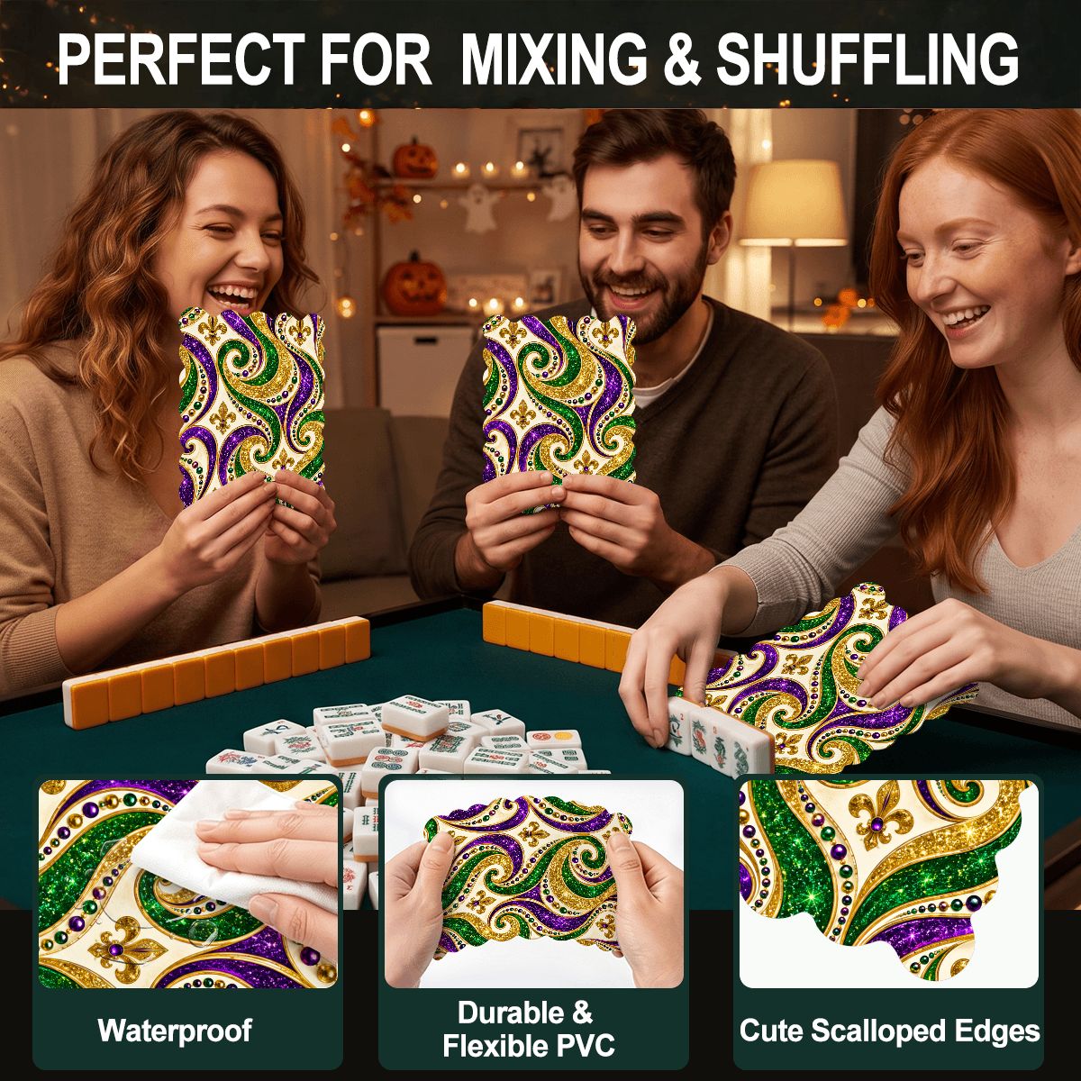 Mardi Gras Glitz Gold Fleur De Lis Scalloped Mahjong Shuffler Cards  Set of 4