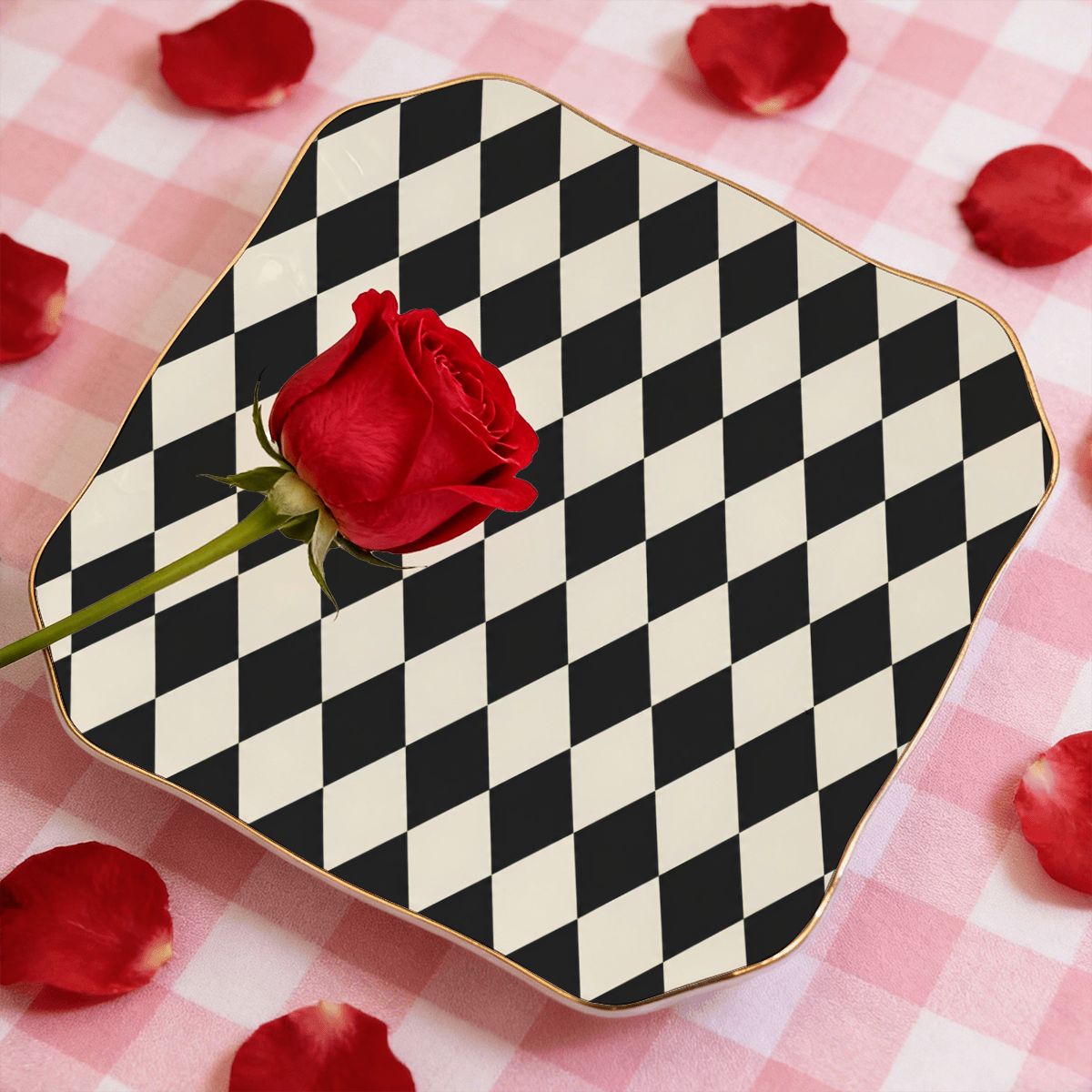 Black Harlequin Scalloped Ceramic Mahjong Dice Tray
