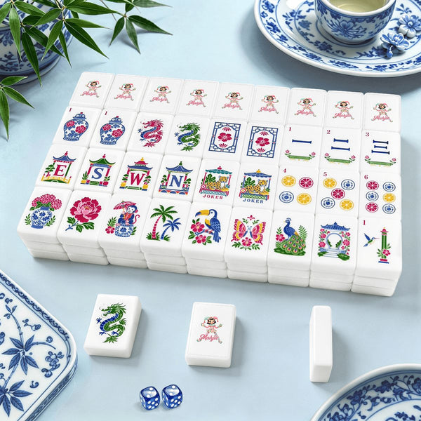 Mahjie Mascot Chinoiserie Mahjong Tiles Set (Traditional Porcelain Style) (Single Layer)