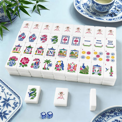 Mahjie Mascot Chinoiserie Mahjong Tiles Set (Traditional Porcelain Style) (Single Layer)