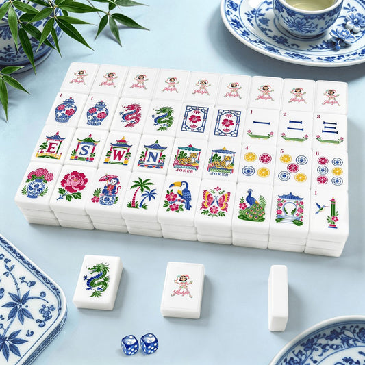 Mahjie Mascot Chinoiserie Mahjong Tiles Set (Traditional Porcelain Style) (Single Layer)