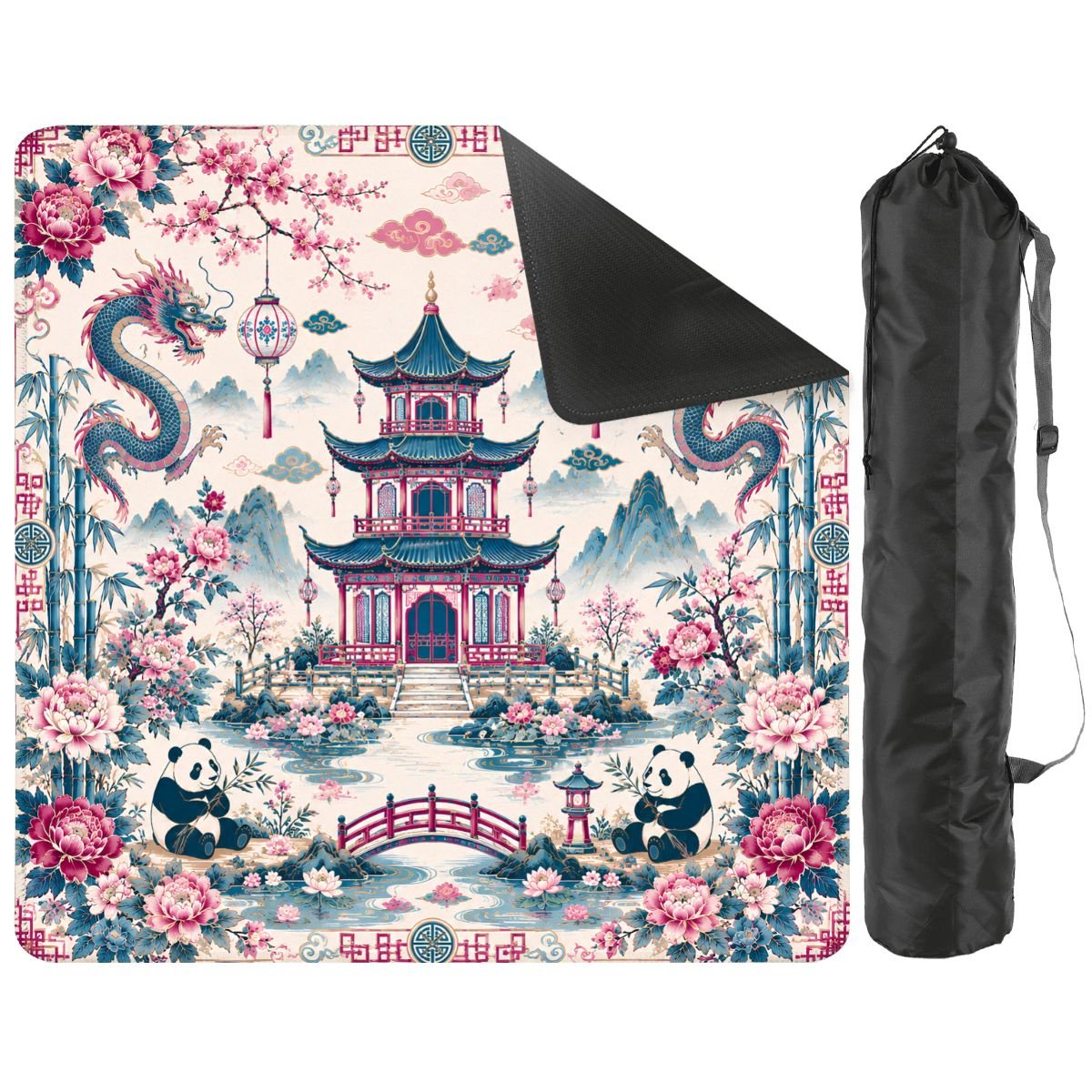 Playful Pandas And Dragon Chinoiserie Pagoda Mahjong Mat Blue And Mauve - Splash Of Mahj And Color Co.