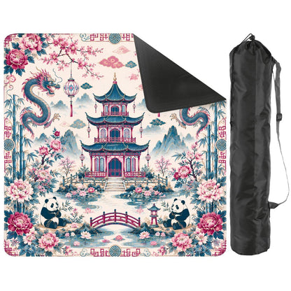 Playful Pandas And Dragon Chinoiserie Pagoda Mahjong Mat Blue And Mauve - Splash Of Mahj And Color Co.