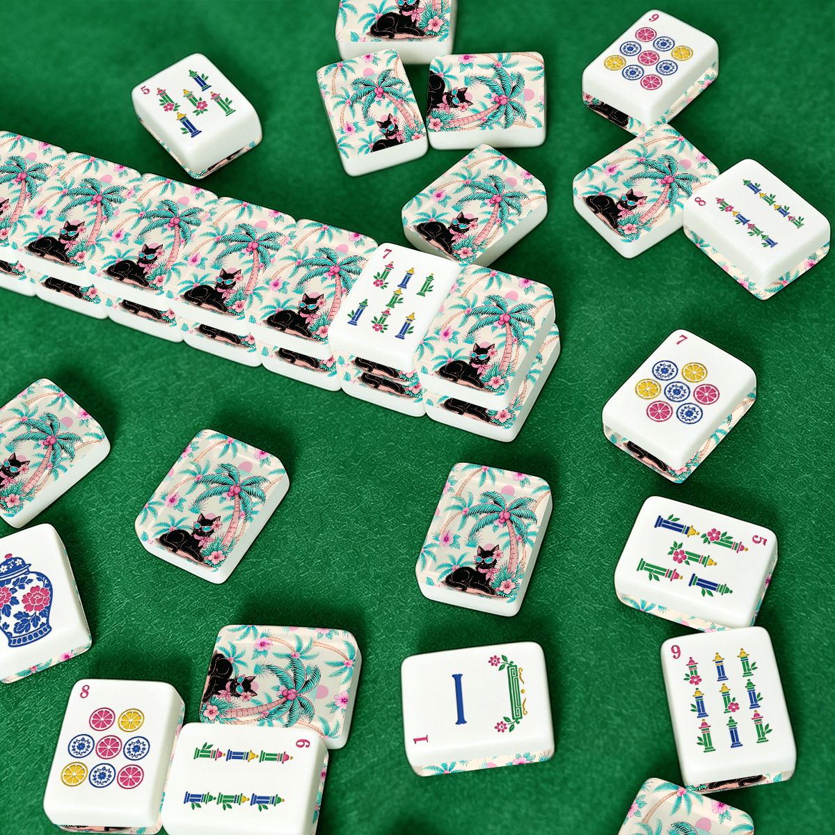 Mahj Meow Tropical Paradise Chinoiserie Mahjong Tiles With Carry Case - Splash Of Mahj And Color Co.