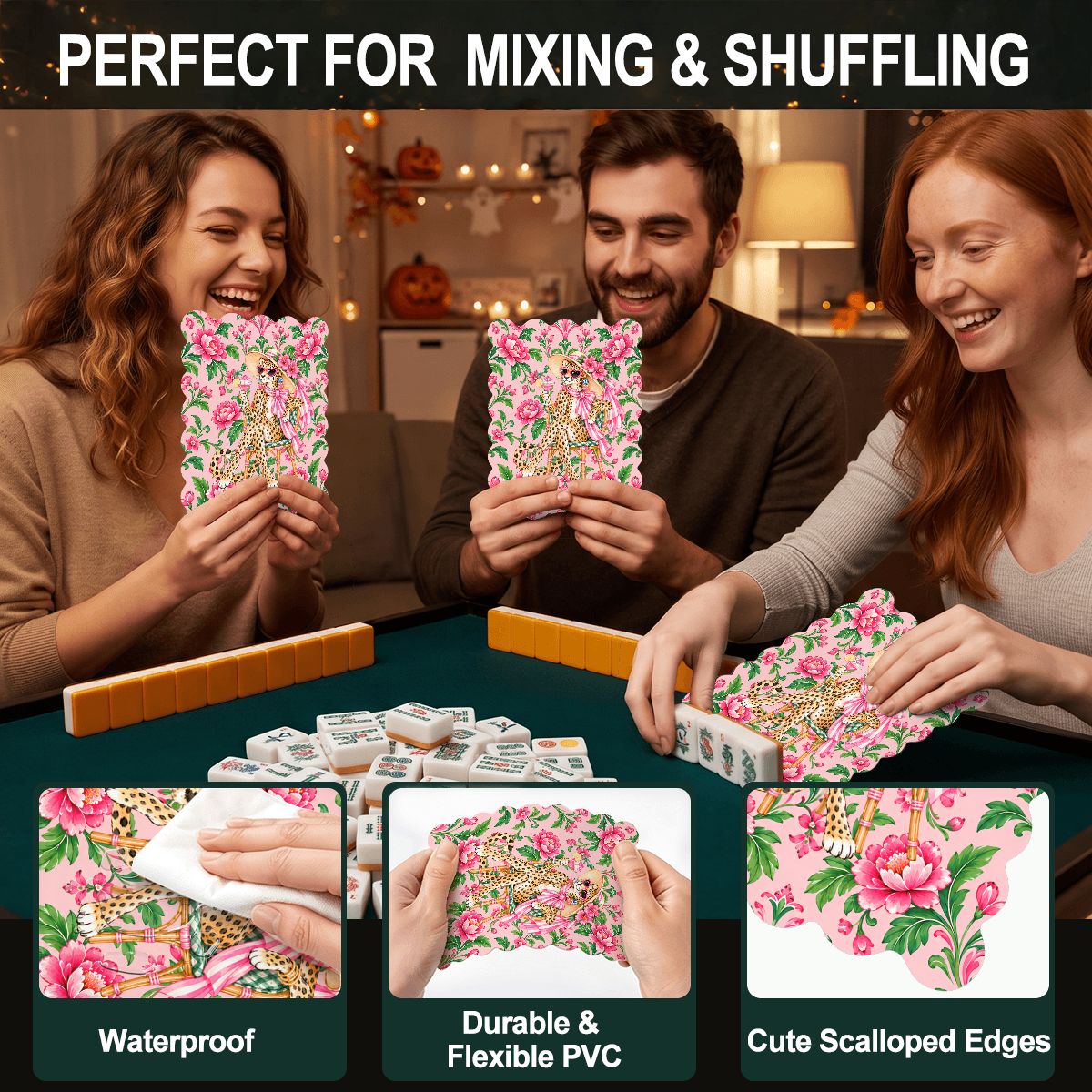Chinoiserie Sippin Leopard Scalloped Mahjong Shuffler Cards  Set of 4