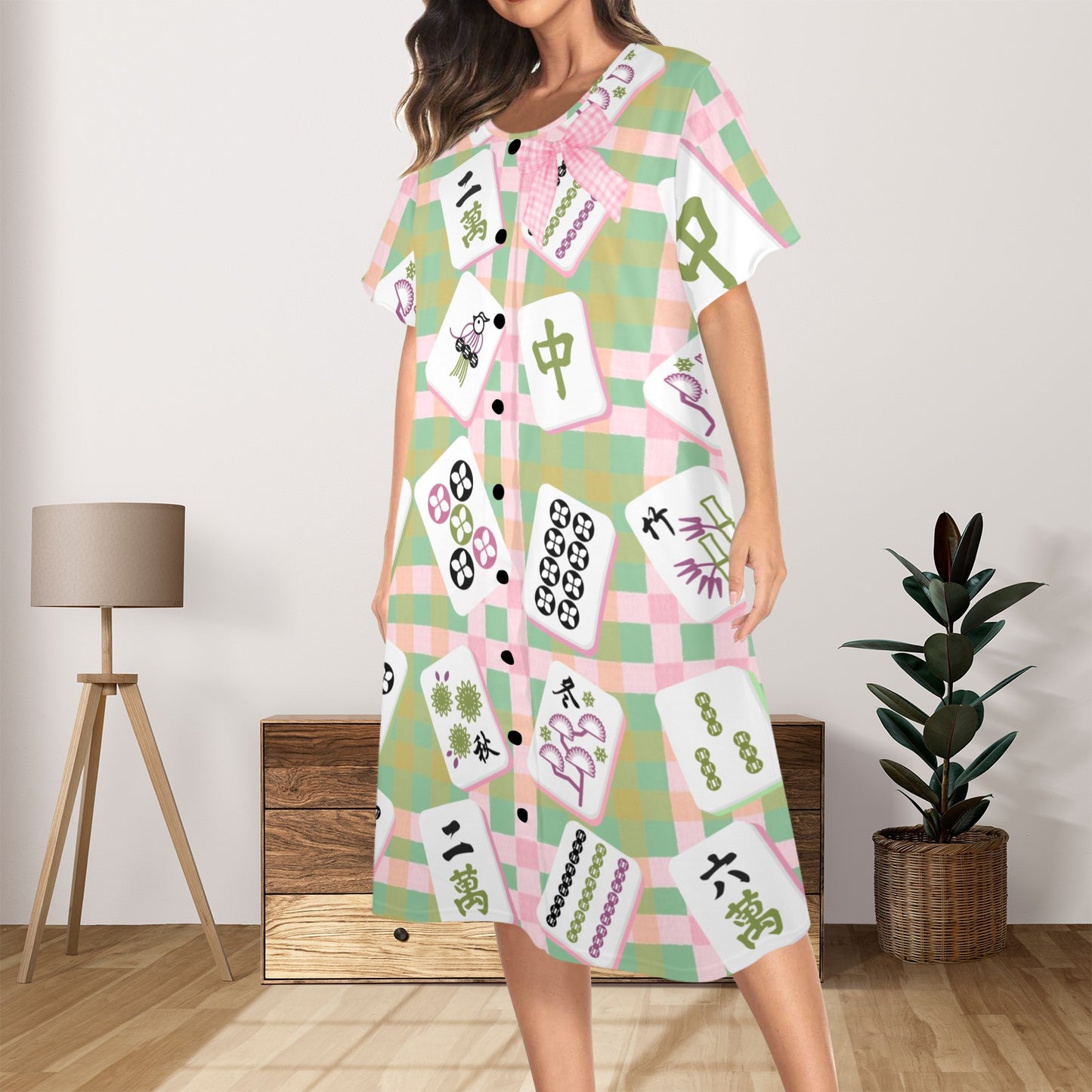 Preppy Mahjong Muumuu Dress Green Pink Whimsical Mahj Tile Designed - Splash of Color Co.