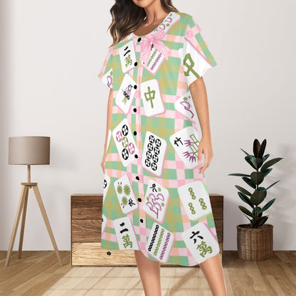 Preppy Mahjong Muumuu Dress Green Pink Whimsical Mahj Tile Designed - Splash of Color Co.